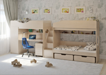 Трехъярусная кровать КарИВи Легенда 10.6  Дуб Молочный  Дуб Молочный