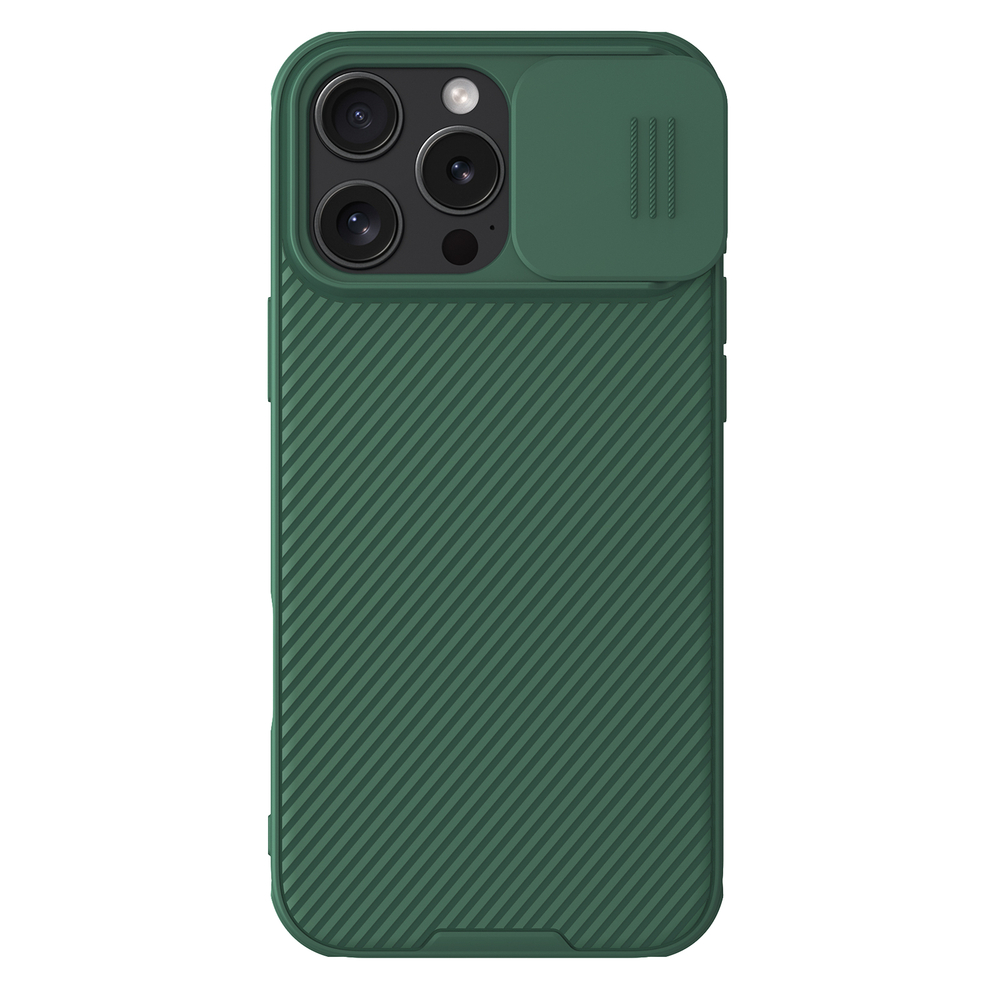 Чехол зеленого цвета (Dark Green) от Nillkin c поддержкой магнитной зарядки MagSafe для iPhone 16 Pro Max, серия CamShield Pro Magnetic