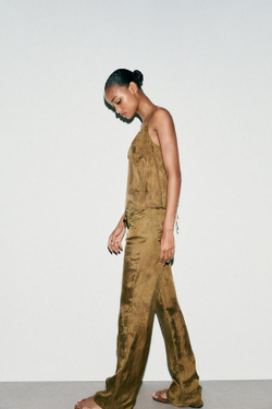 ZARA ПИЖАМНЫЕ БРЮКИ С ПОЯСОМ, СВЕТЛЫЙ ХАКИ