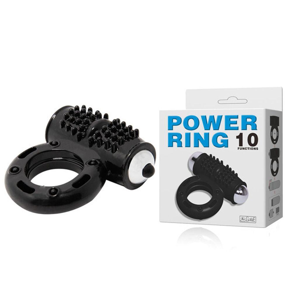 Эрекционное кольцо с клитораальным массажером Power Ring (10 режимов) (Цвет: черный с серебряным)