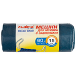 Мешки для мусора с завязками LAIMA "ULTRA" 60 л синие рулон 15 шт. особо прочные ПСД 30 мкм 60х70 см (5 штук в упаковке)