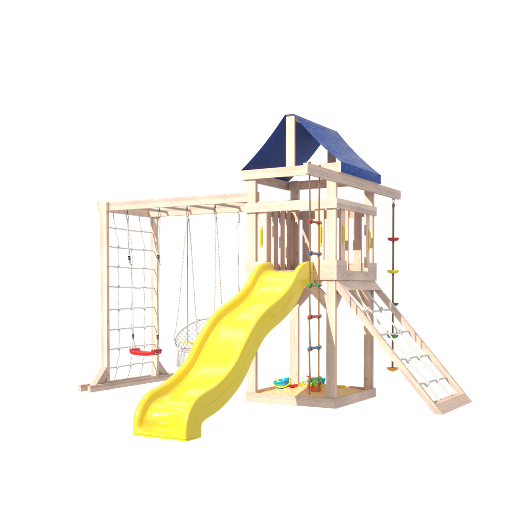 Детская площадка Fun Land неокрашенная с модулем сетка-рукоход, мини сеткой, подвесным креслом и качелями
