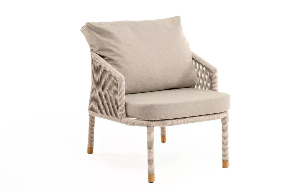 "Верона" кресло плетеное из роупа, каркас алюминий белый муар, роуп бежевый круглый, ткань бежевая 052