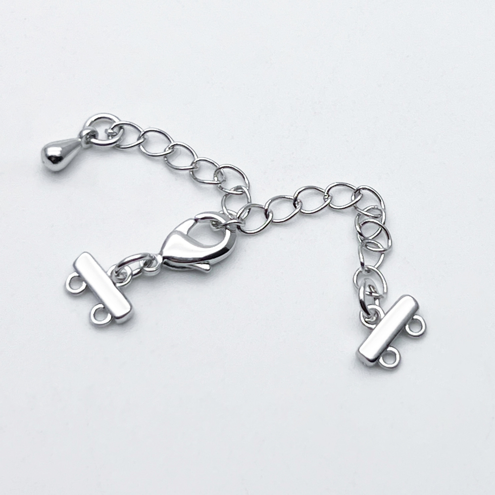 Замок-карабин с разделителями на 2 нити, цвет серебро (родий), размер карабина 10 мм, размер разделителя 7,5*5 мм, цена за 1 шт