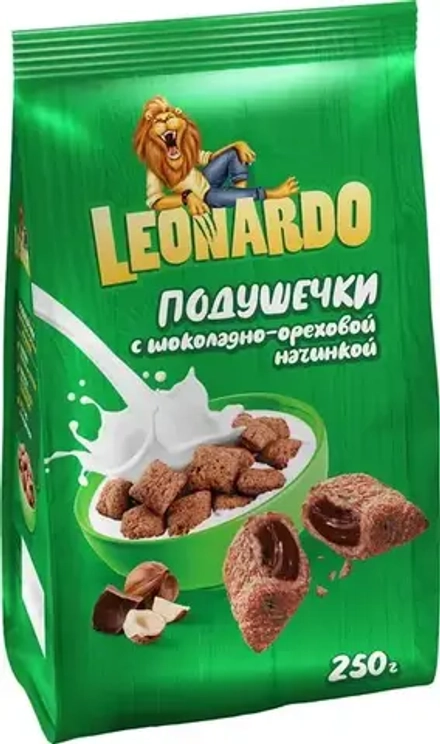 Завтрак готовый LEONARDO Подушечки с шоколадно-ореховой начинкой (Пак) 250г