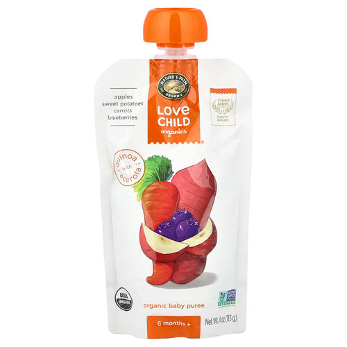 Love Child Organics, Nature's Path, органическое пюре для детей, для детей от 6 месяцев, яблоки, батат, морковь, голубика, 113 г (4 унции)