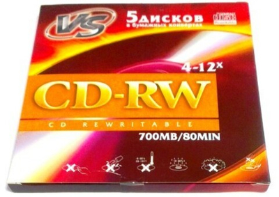 Диск VS CD-RW 80 4-12x бумажный конверт/5