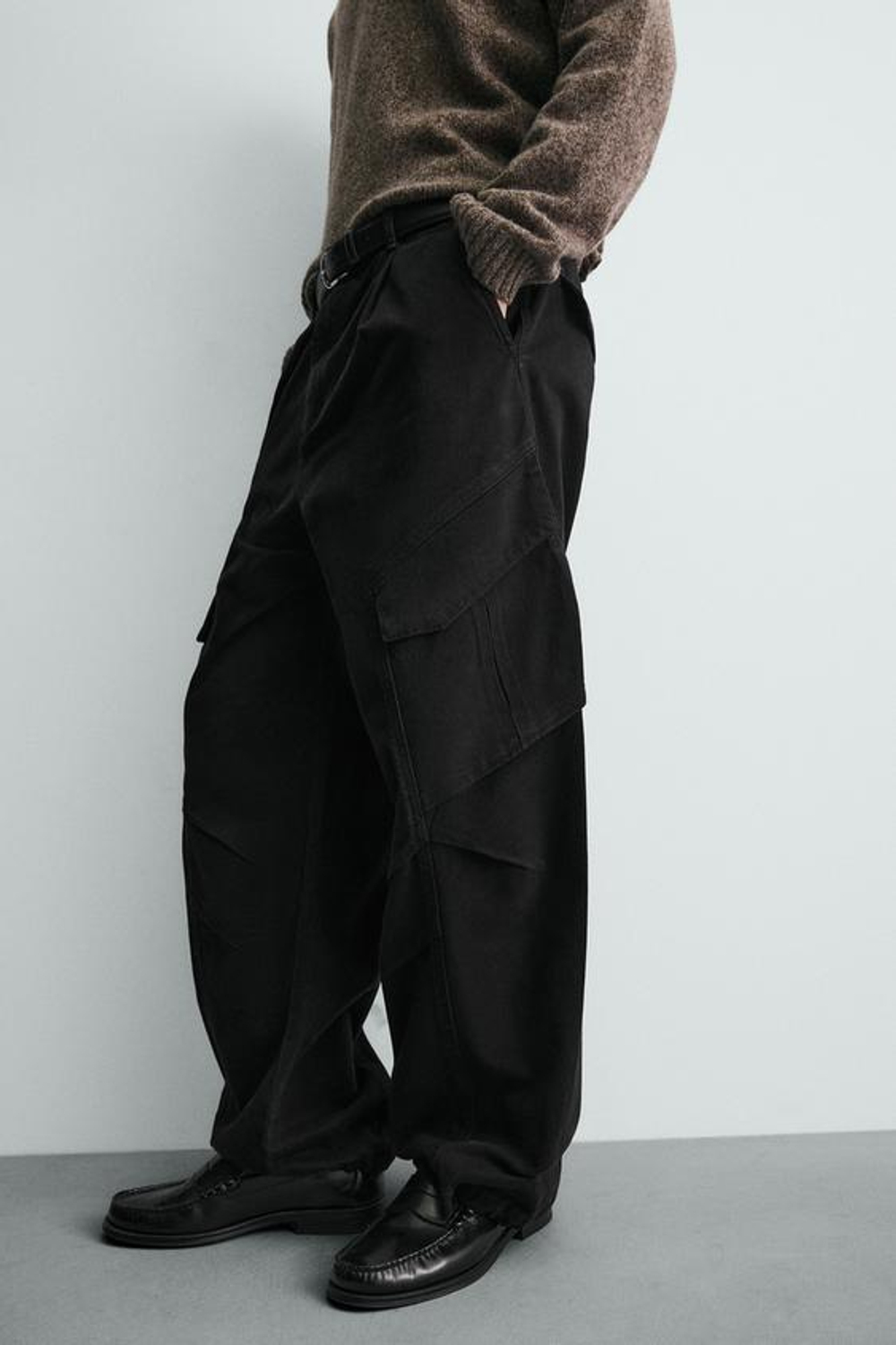 ZARA БРЮКИ КАРГО СВОБОДНОГО КРОЯ, ЧЕРНЫЙ