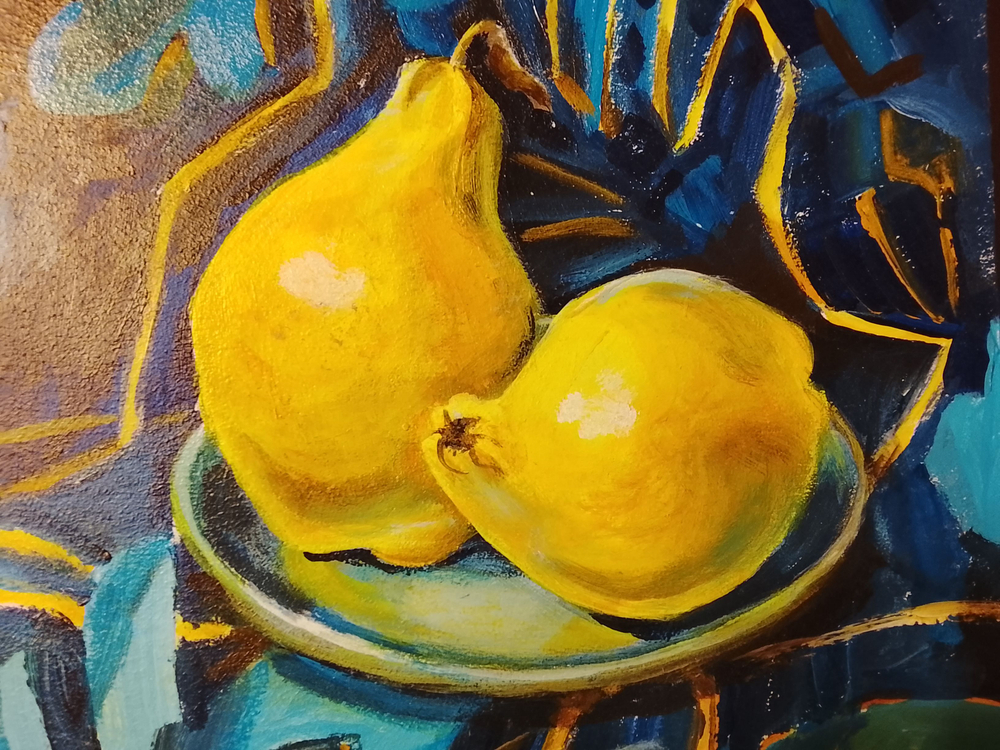 Картина "Айва", натюрморт. 30 см на 30 см. Акрил на картоне. Авторская живопись, оригинал.