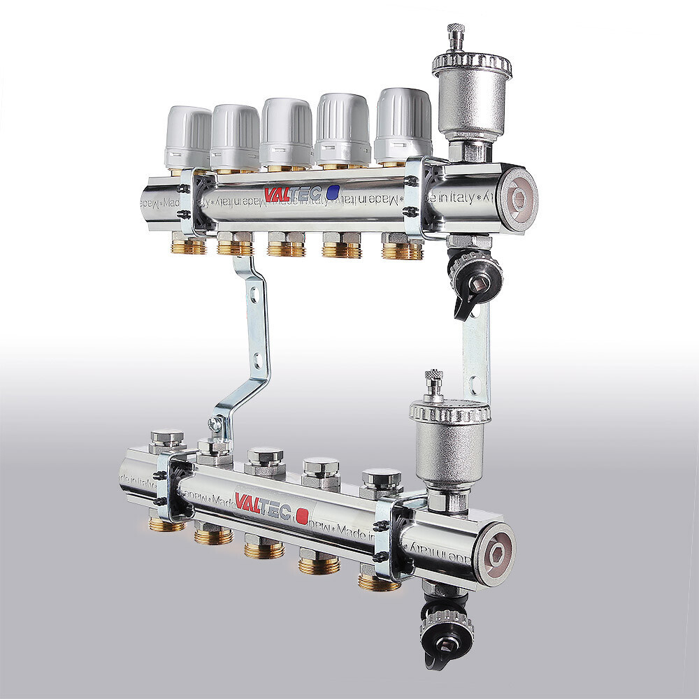 Коллекторный блок VALTEC латунный c регулировочными и балансировочными клапанами 1 1/4", 8 x 3/4", "евроконус"