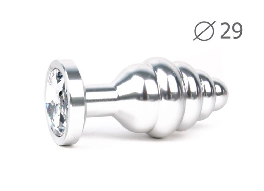 Коническая ребристая серебристая анальная втулка с прозрачным кристаллом - 7,1 см. (Цвет: прозрачный)