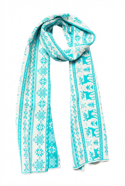 Вязаный шарф бело-бирюзовый с карельскими узорами