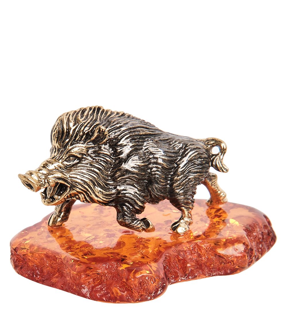 AM- 332 Фигурка «Кабан-вепрь на подставке» (латунь, янтарь)