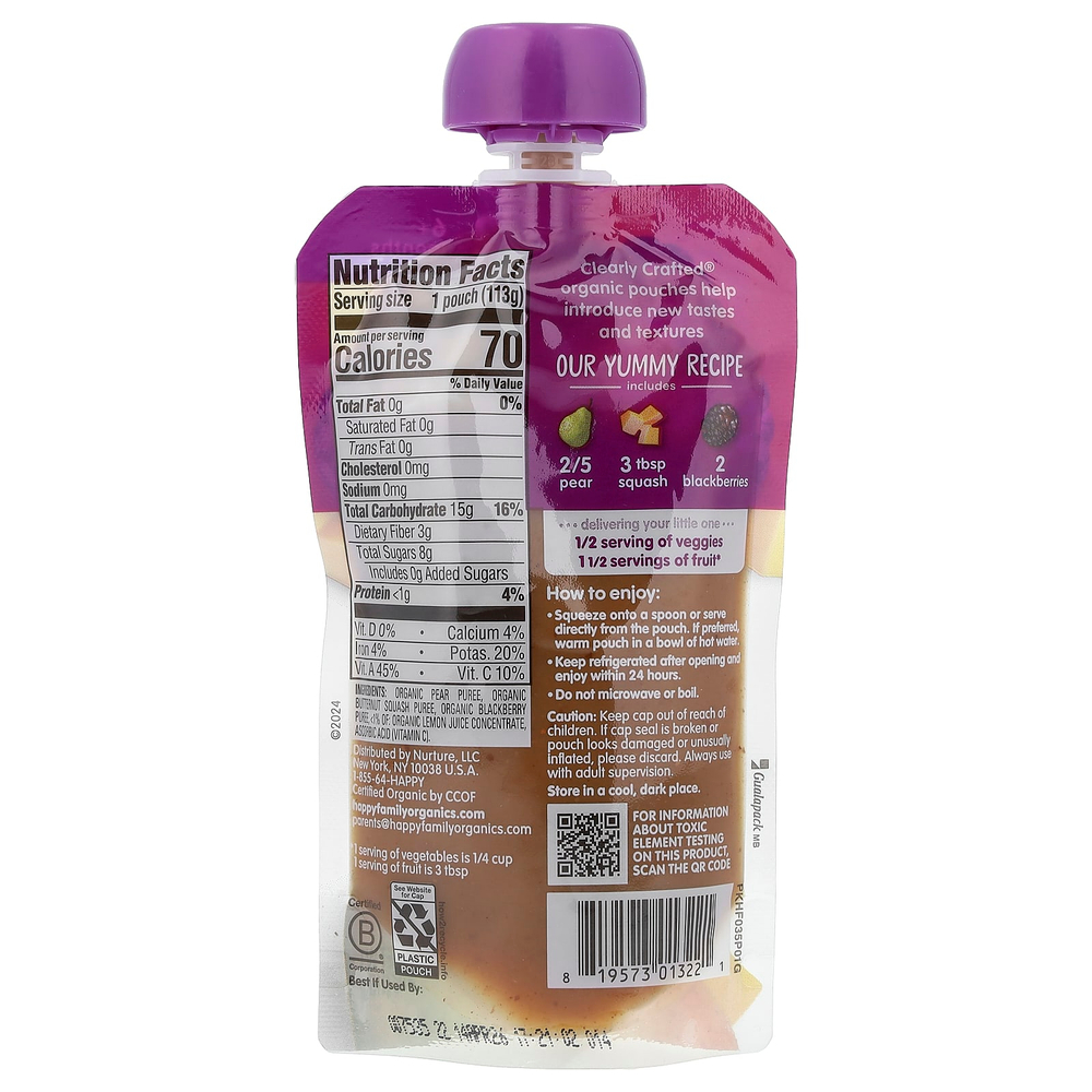 Happy Family Organics, Happy Baby®, органическое детское питание, для детей от 6 месяцев, груши, тыква и ежевика, 113 г (4 унции)