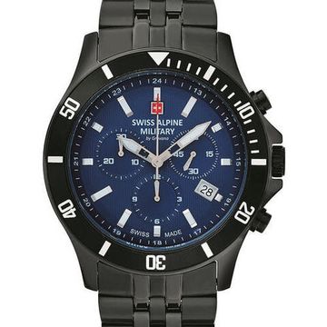 С браслетом Мужские наручные часы с черным браслетом Swiss Alpine Military 7022.9175 chronograph 42mm 10ATM