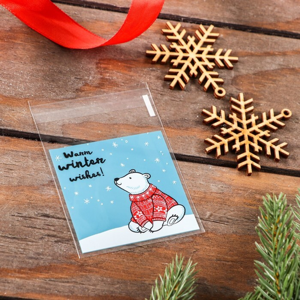 Новый год. Пакет БОПП с липкой лентой, "Мишка на севере", 7*7+3см