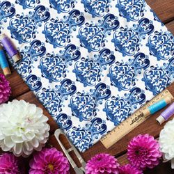 Ткань дюспо отзеркаленные элементы гжели на белом фоне