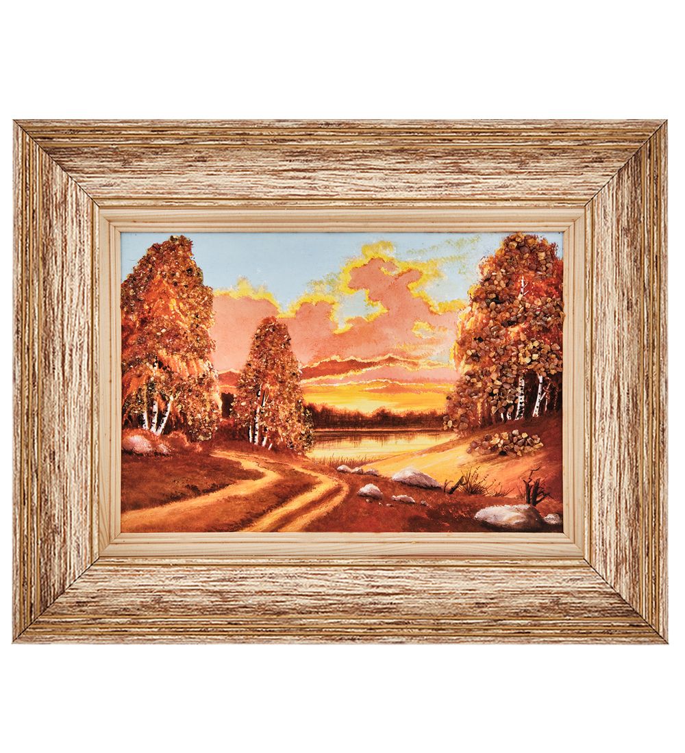 AMB-01/76 Картина «Закат на берегу» (с янтарной крошкой) пласт.рамка 33х42см