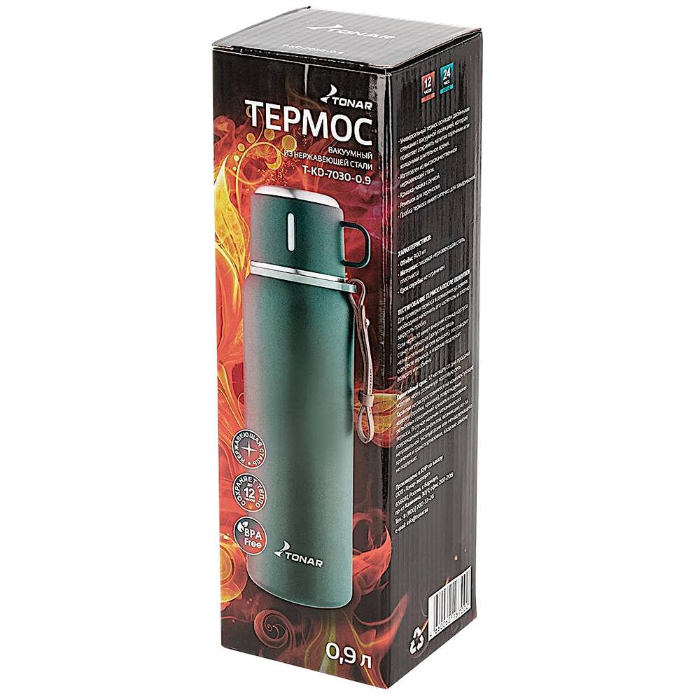 Термос 0.90л Тонар T-KD-7030-0.9 Хаки Пробка-ситечко Крышка-кружка Ремешок