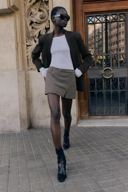 ZARA ЮБКА-ШОРТЫ «ГУСИНАЯ ЛАПКА» С РЕМНЕМ, СЕРЫЙ/НЕЖНО-КОРИЧНЕВЫЙ