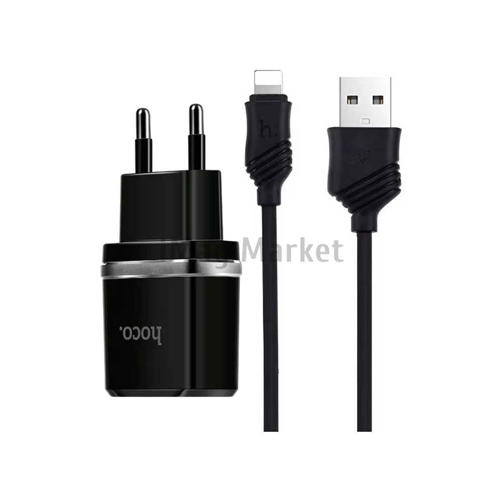 Сетевое зарядное устройство Hoco C12, 2 USB-A, 5W, 2.4A + кабель Lightning, 1 м, черный