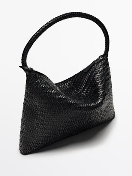 Massimo Dutti Плетеная сумка из кожи наппа с плечевым ремнем, черный