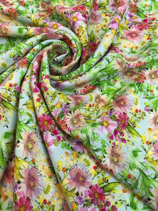 Штапель принт цветы мелкие салатов/малинов/желтый на ментоловом D09C1