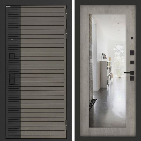 Входная металлическая дверь с зеркалом Бункер HIT Хит B-15 Веллюто кофе / зеркало ФЛЗ - 603 Бетон светлый