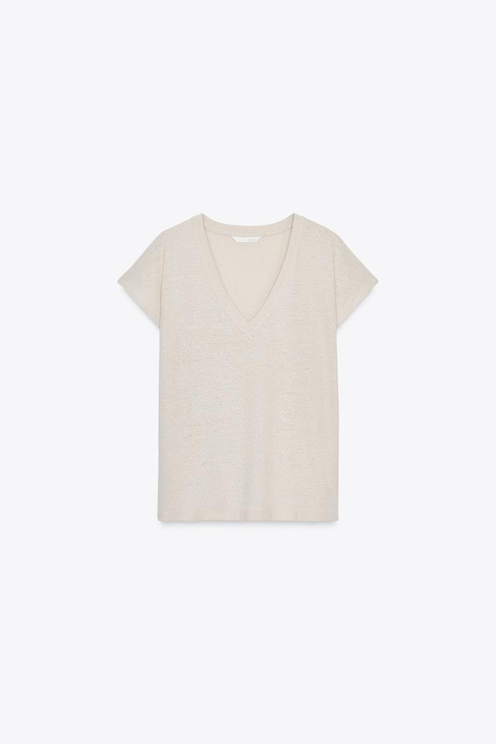 ZARA ФУТБОЛКА ИЗ ХЛОПКА И ЛЬНА, ПЕСОЧНЫЙ