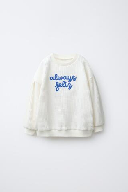 ZARA СВИТЕР С ВЫШИТОЙ НАДПИСЬЮ, ЖЕЛТОВАТО-БЕЛЫЙ