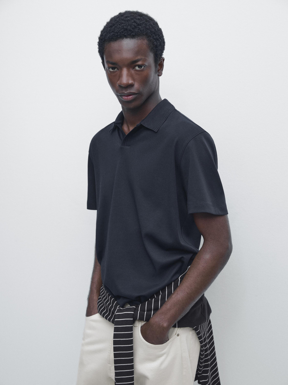 Massimo Dutti Поло из 100% хлопка с короткими рукавами, темно-синий