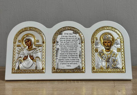 Триптих, Семистрельная БМ, Николай, Молитва, икона, белое дерево 320х160
