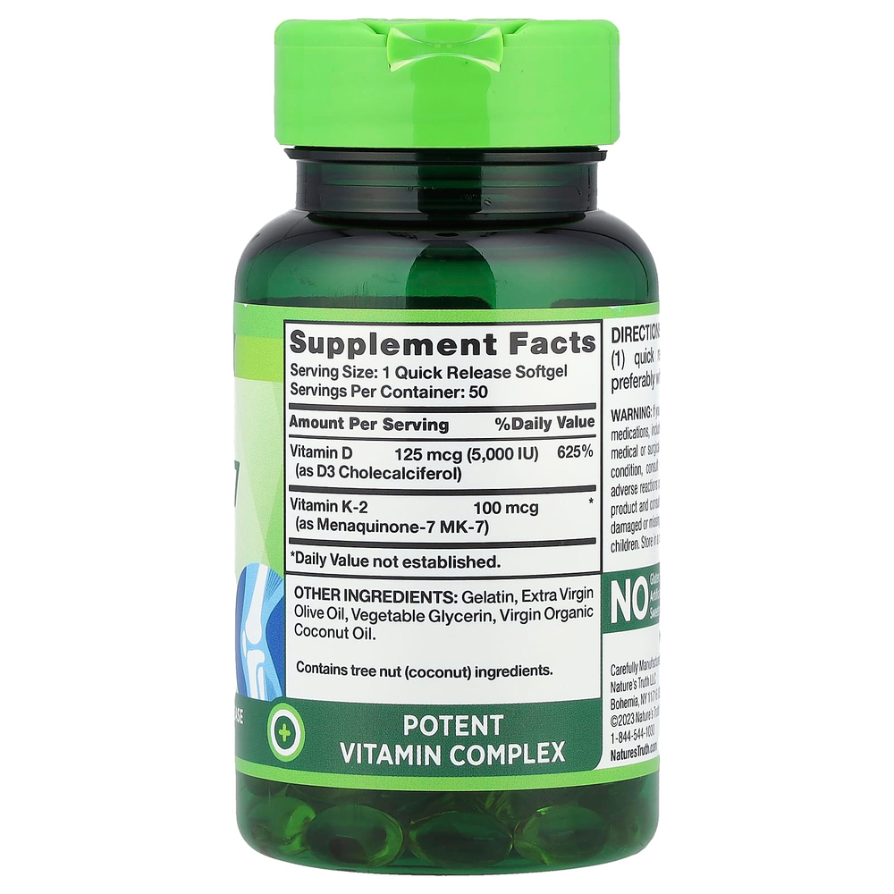 Nature's Truth, Ultra K2 MK-7 Plus D3, 50 капсул быстрого высвобождения