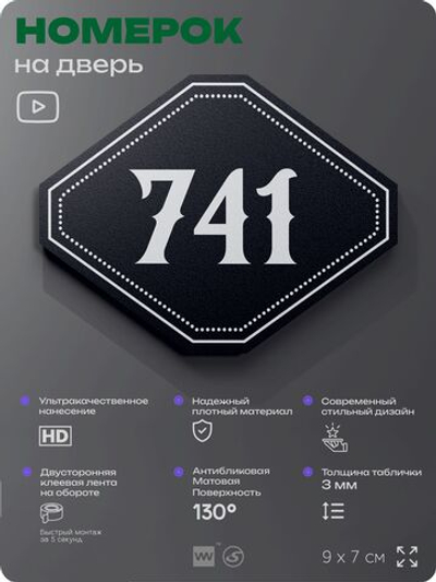 Номерок на дверь квартиры 741, для кабинета, офиса, шильдик 9 х 7 см, черный, Айдентика Технолоджи