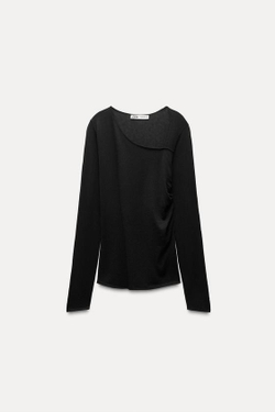 ZARA ТРИКОТАЖНЫЙ ТОП СО СБОРКАМИ ПО БОКАМ, ЧЕРНЫЙ