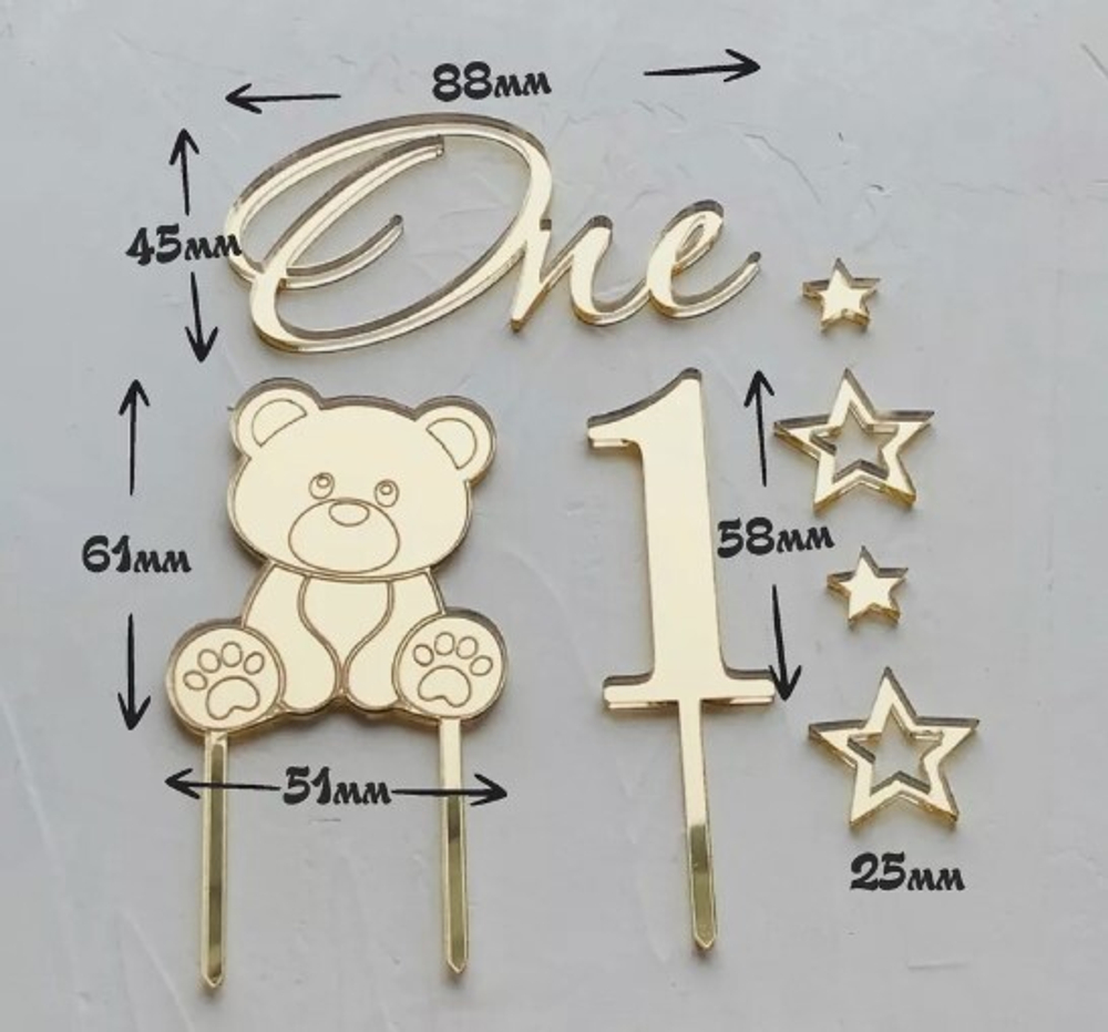 Топперы акриловые "Набор с мишкой" золото.
