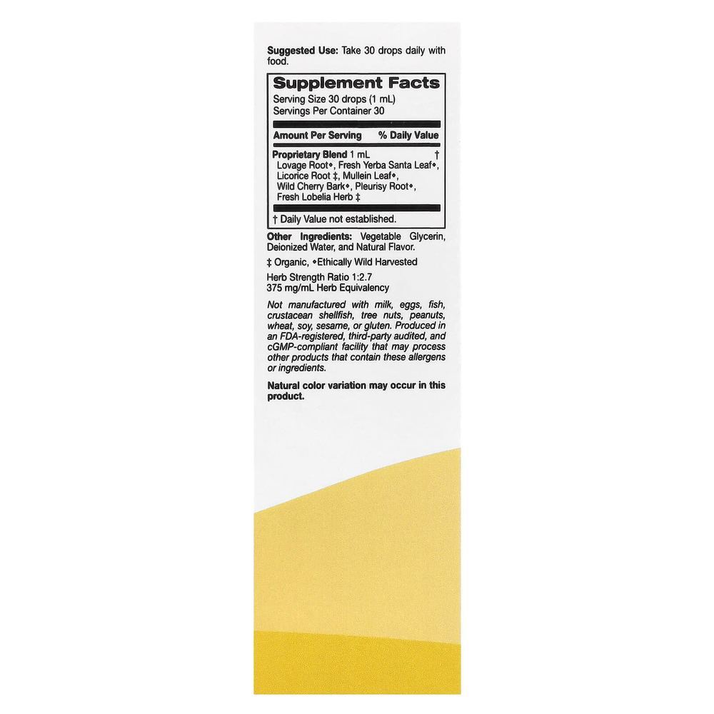 Super Nutrition, Bronchial Ease, детская жидкая добавка для здоровья бронхов, с корнем любистка, свежими листьями йерба санта, корнем солодки и листьями коровяка, без спирта, вишня, 30 мл (1 жидк. унция)