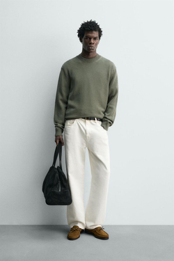 ZARA ХЛОПКОВЫЙ СВИТЕР КЛАССИЧЕСКОГО КРОЯ, ЗЕЛЕНЫЙ/СЕРЫЙ