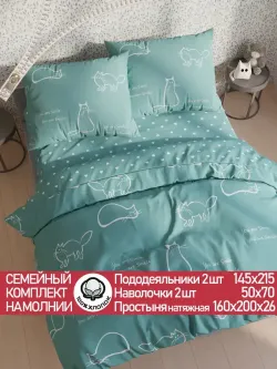 Постельное белье "КОТИКИ (мята)/Nicol" семейное наволочки 50х70 2шт Простынь на резинке 160х200 см Пододеяльник 145х215 см(2шт) Сказка сатин