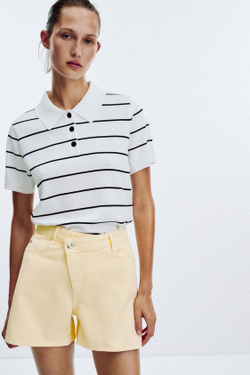 ZARА ДЖИНСОВЫЕ ШОРТЫ Z1975 С ВЫСОКОЙ ПОСАДКОЙ И ПЕРЕКРЕСТНОЙ ТАЛИЕЙ, ЖЕЛТЫЙ