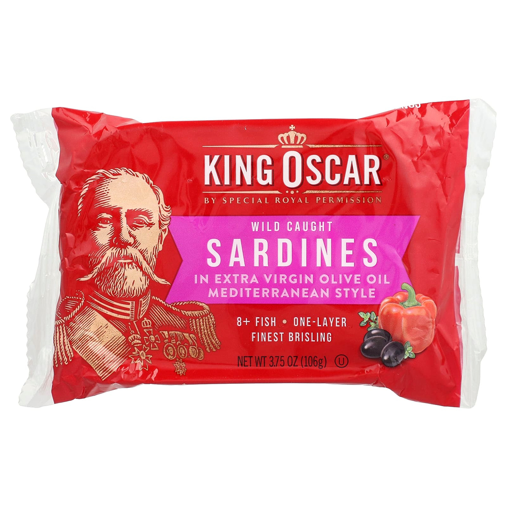 King Oscar, сардины дикого улова, в нерафинированном оливковом масле высшего качества, средиземноморские, 106 г (3,75 унции)
