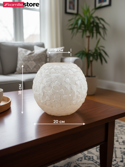 Ваза декоративная для цветов 20 см. стеклянная "Шар" с рельефным цветочным орнаментом