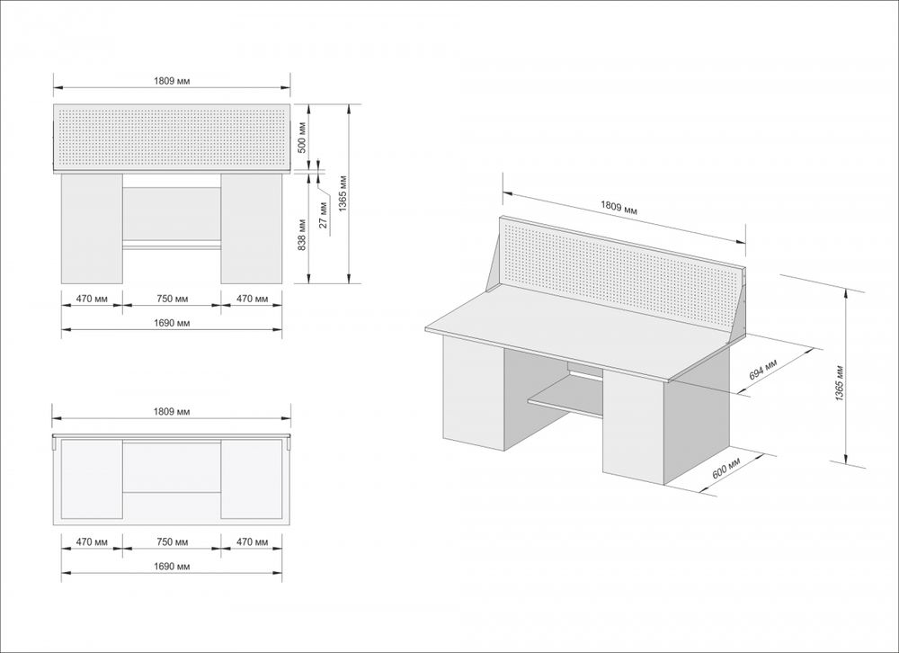 Great Wolf (GWT-V1800BL1) Верстак инструментальный двухтумбовый, 4 ящика, тумба с дверью, экран, 1800x700