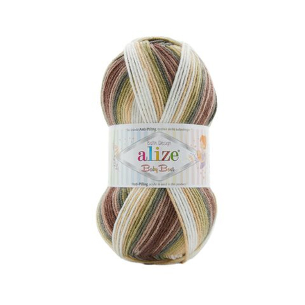 Беби бест батик (Baby best batik) пряжа Alize 10% бамбук 90%акрил 5х100г/240м 1893 бело-коричнево-зеленый