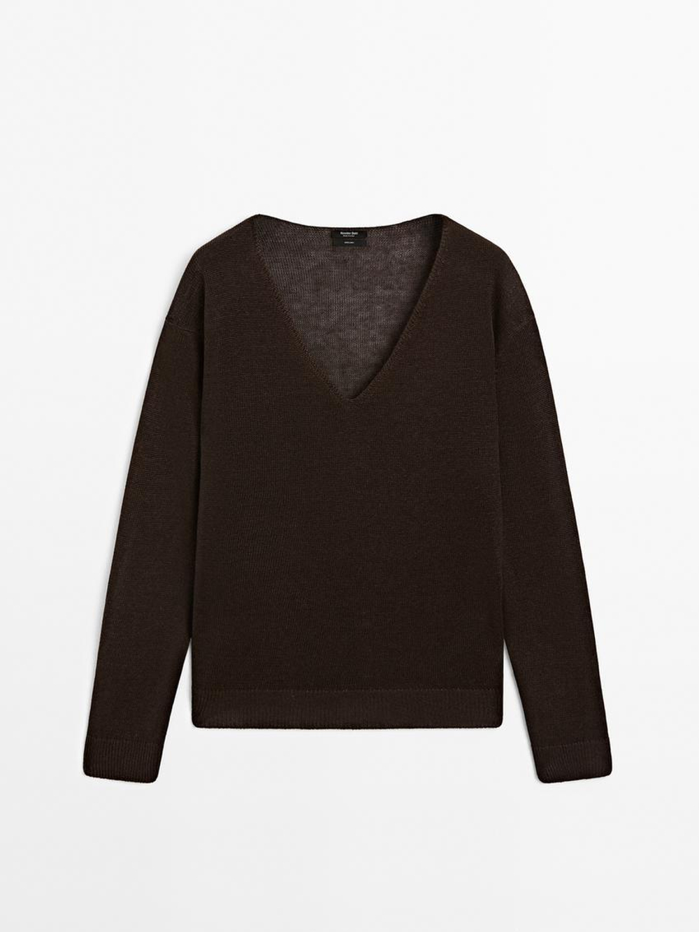 Massimo Dutti Свитер из 100% льна с V-образным вырезом, шоколадный