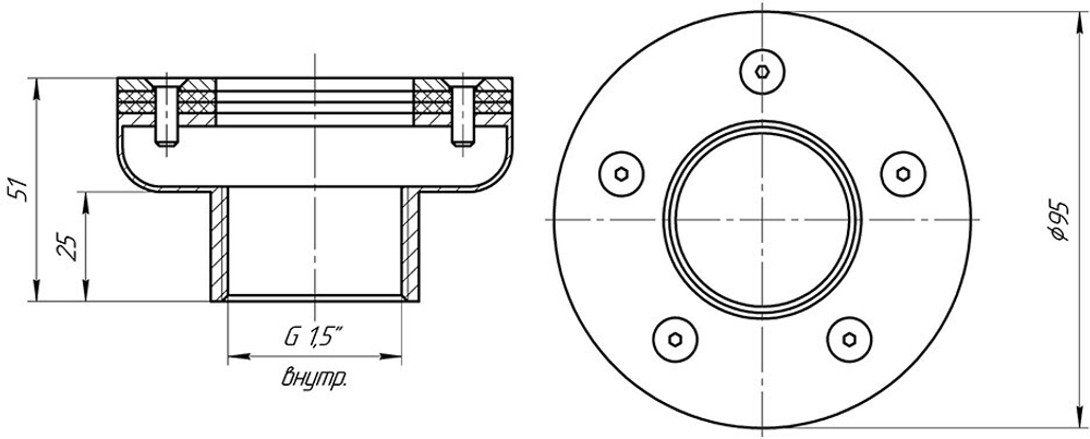 Закладная форсунка для подключения пылесоса под пленку - ВР1½", нержавеющая сталь AISI-304 - Runvil Pools, Россия