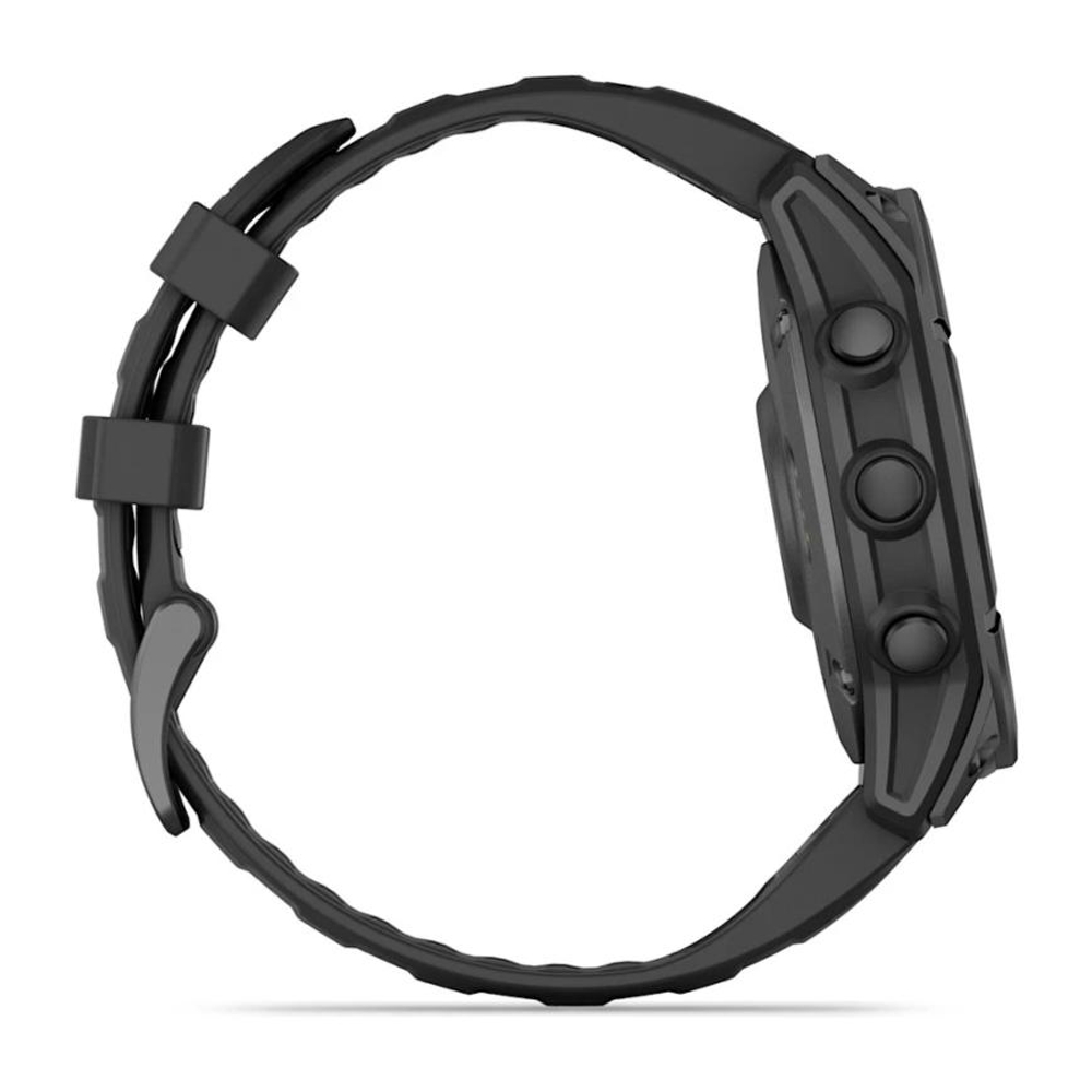 Спортивные часы Garmin fenix E, 47 мм, AMOLED, синевато-серый безель, чёрный силиконовый ремешок Безель из нержавеющей стали, AMOLED-дисплей со стеклом Gorilla Glass. Ремешок с классической застёжкой — на запястье обхватом 125–208 мм