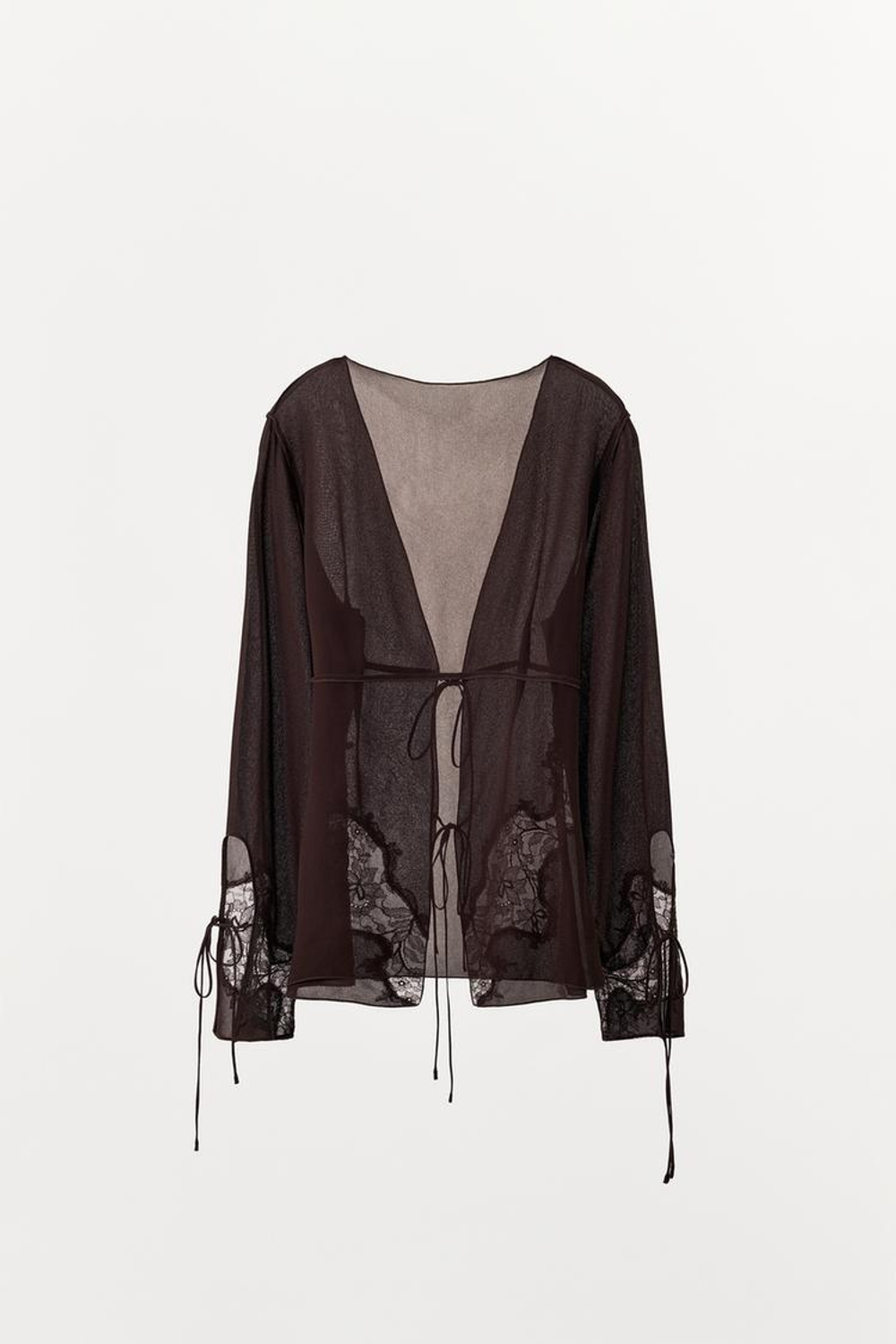 ZARA РУБАШКА ИЗ ЖОРЖЕТА, КРУЖЕВА И ЗАВЯЗОК, ТЕМНО-КОРИЧНЕВЫЙ