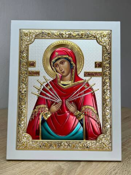 Семистрельная БМ, икона прямоугольная с рамкой, белое дерево, эмаль 185х235