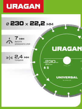 URAGAN UNIVERSAL 230 мм, диск алмазный отрезной сегментный (36705-230)